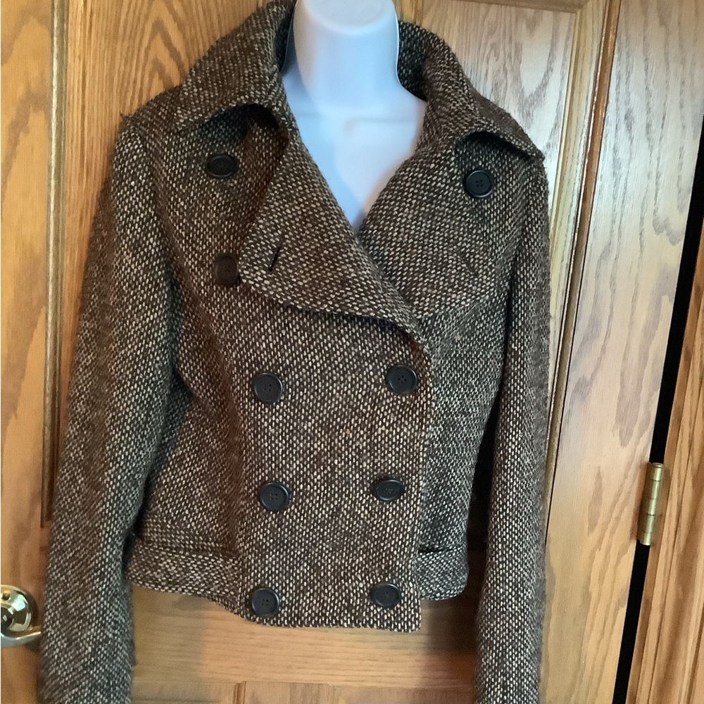 Tweed , wool/mohair/alpaca/nylon/poly blend jacket. Browns. Floral lining